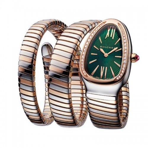 Serpenti Tubogas Steel and Pink Gold with Diamonds and Green Dial