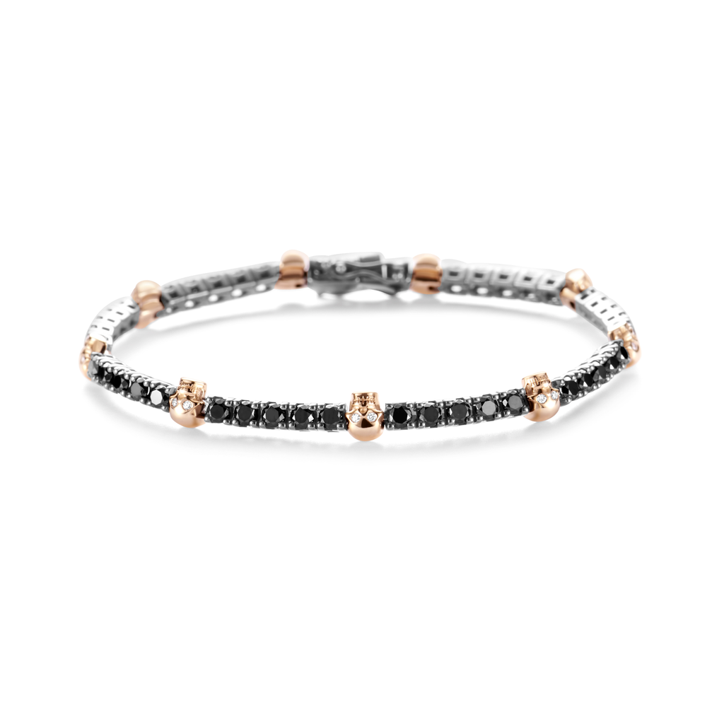 Bracelet black diamond, white gold black rhodium, red gold skulls