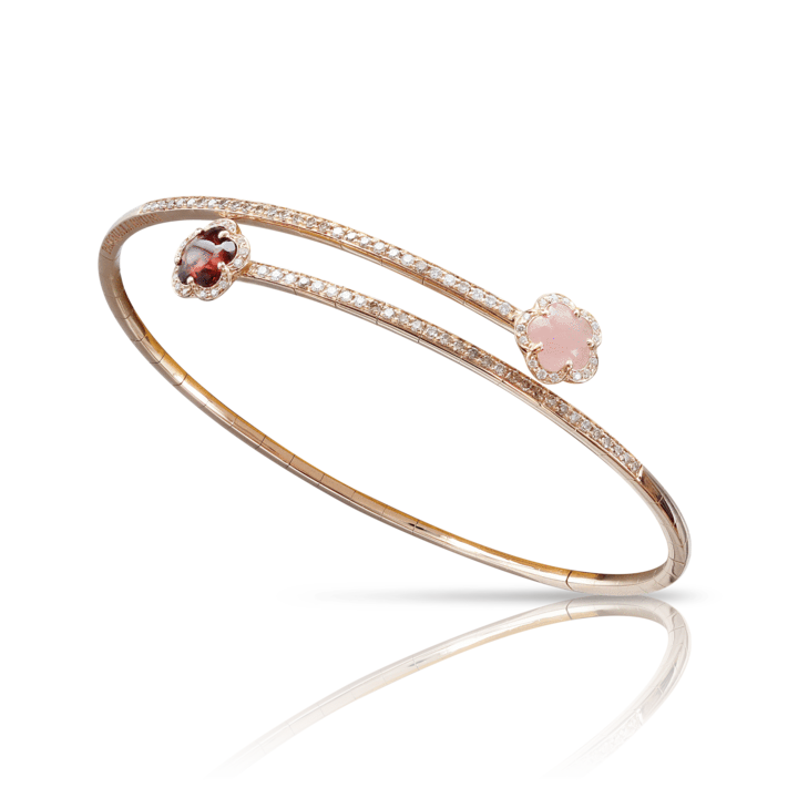 Figlia dei Fiori Two Flowers Contrarié Bracelet with Pink Chalcedony, Red Garnet, White and Champagne Diamonds