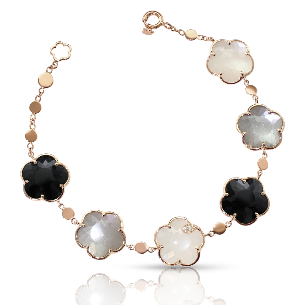 Bouquet Lunaire Bracelet in Pink Gold with Grey and White Moonstone, Onyx and White Diamonds