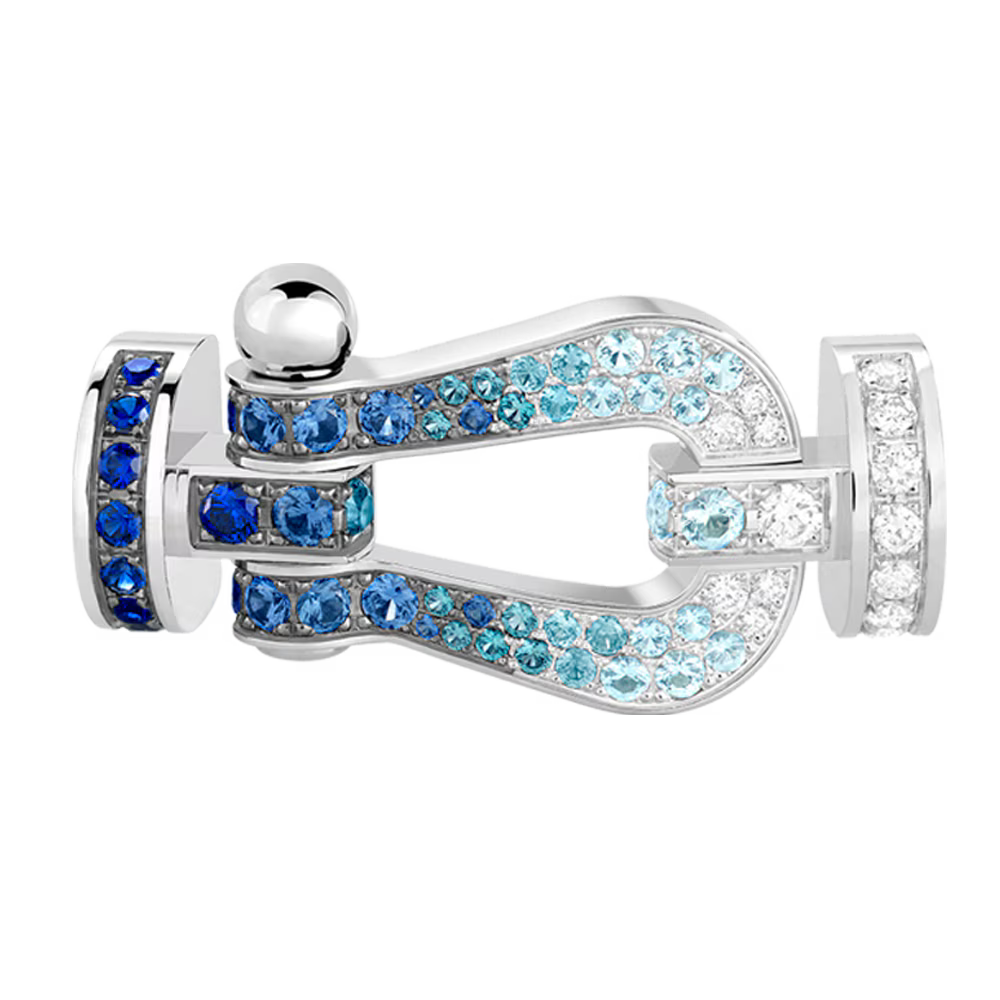 Large model 18K white gold diamond paved and colored stones