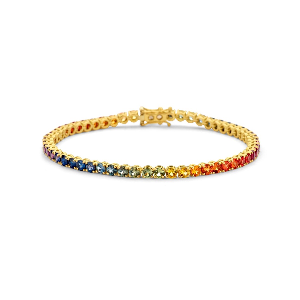 Yellow gold tennis bracelet with rainbow sapphires