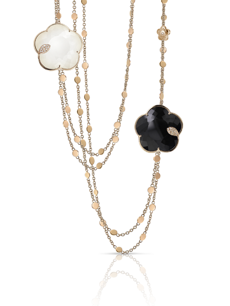 Ton Joli Sautoir in Pink Gold with White Agate and Mother of Pearl doublet, Onyx, White and Champagne Diamonds