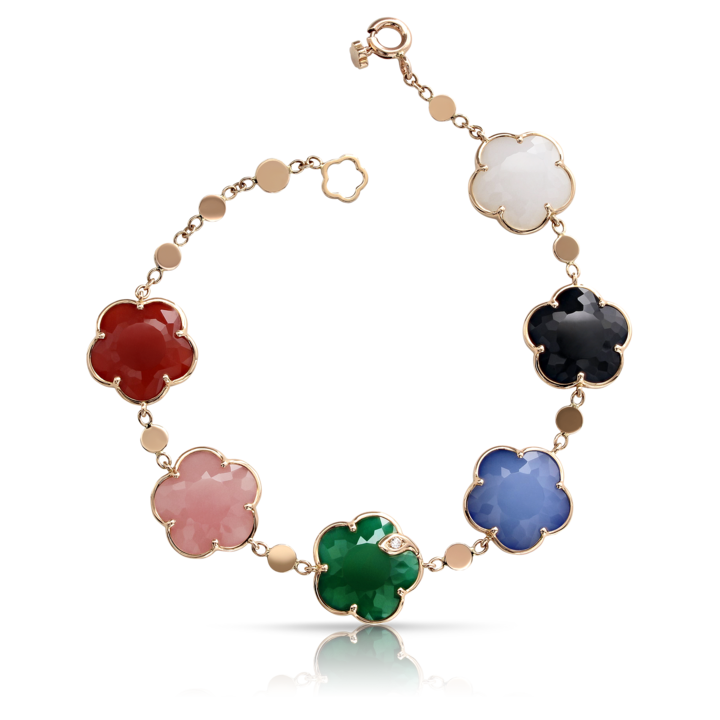 Petit Joli Bracelet in Pink Gold with Green and White Agate, Onyx, Blue Moon (White Agate and Lapis Lazuli Doublet), Pink Chalcedony, Carnelian and Di