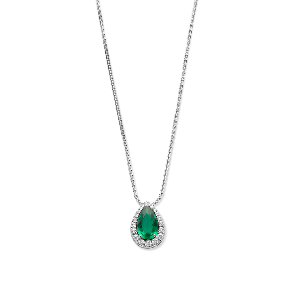 White gold pendant with pear shape emerald and diamants