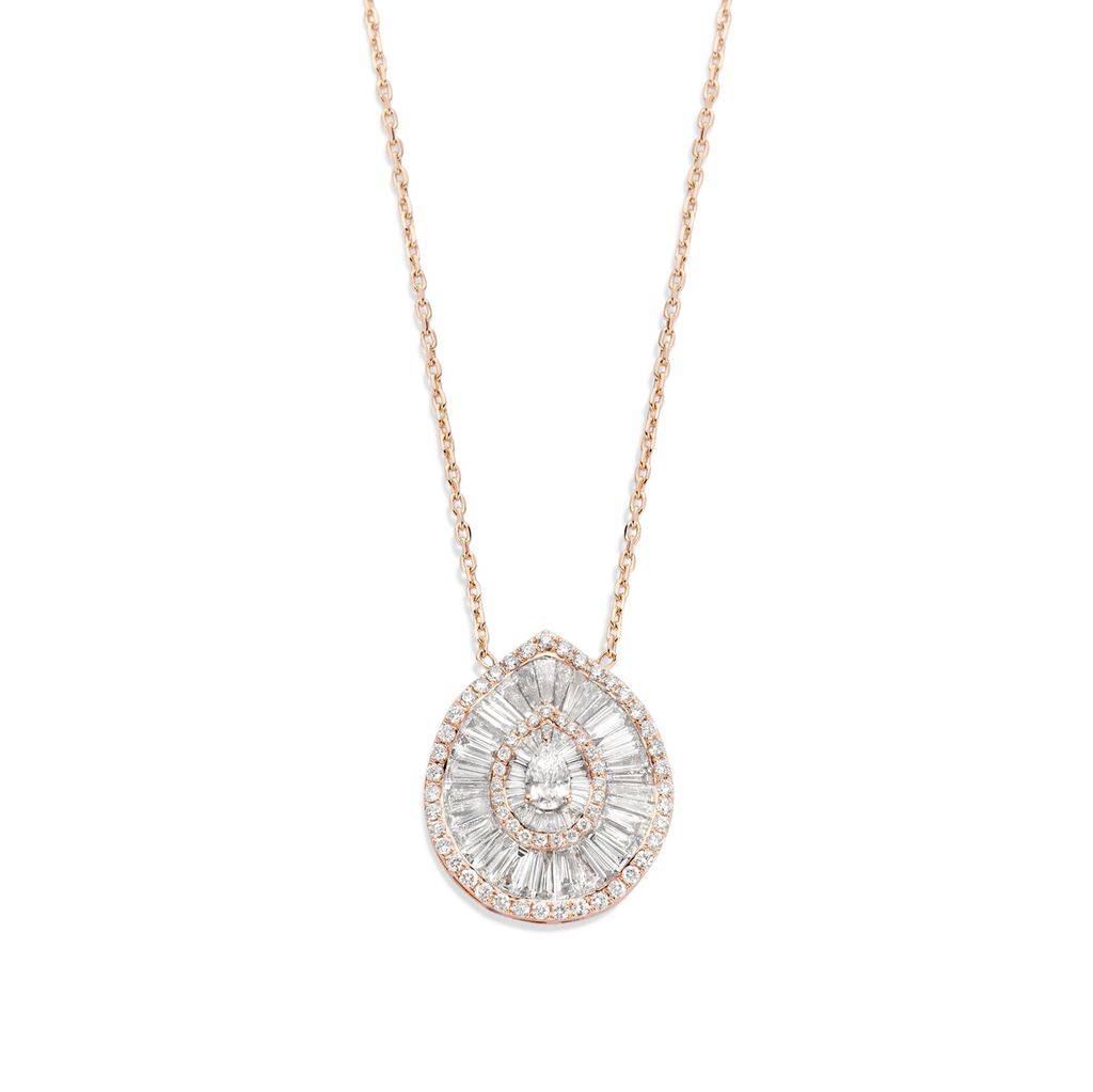 Pinkgold pendant with brilliant, baguette and oval cut diamonds