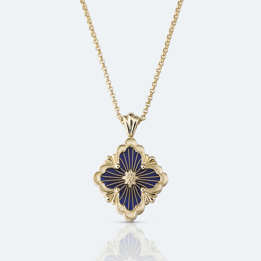 Opera Tulle Pendant with Chain in Yellow Gold with Blue Enamel