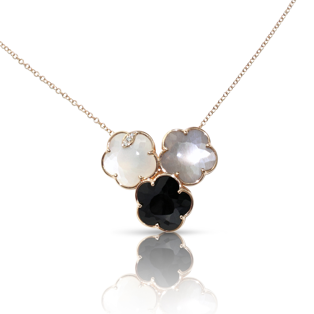 Bouquet Lunaire Necklace in Pink Gold with Grey and White Moonstone, Onyx and White Diamonds