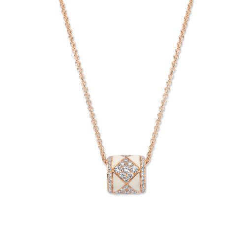 Necklace with Pendant in Pink Gold, White Enamel and Diamonds