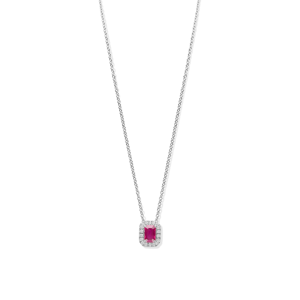 Necklace with Emerald Cut Ruby and Diamond Pendant