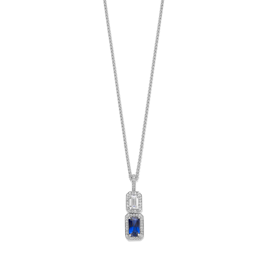 Whitegold pendant with emerald cut diamond and sapphire
