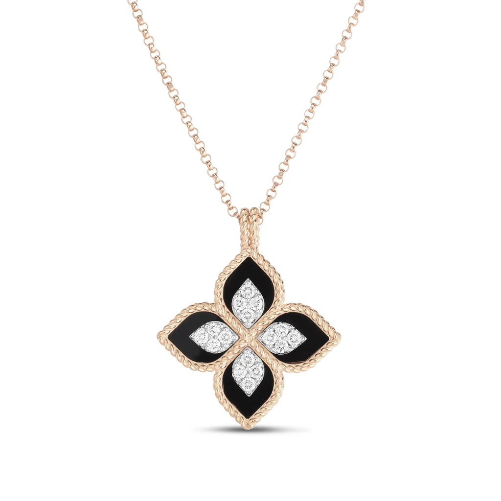 Princess Flower Pendant in Pink Gold with Black Jade & Diamonds