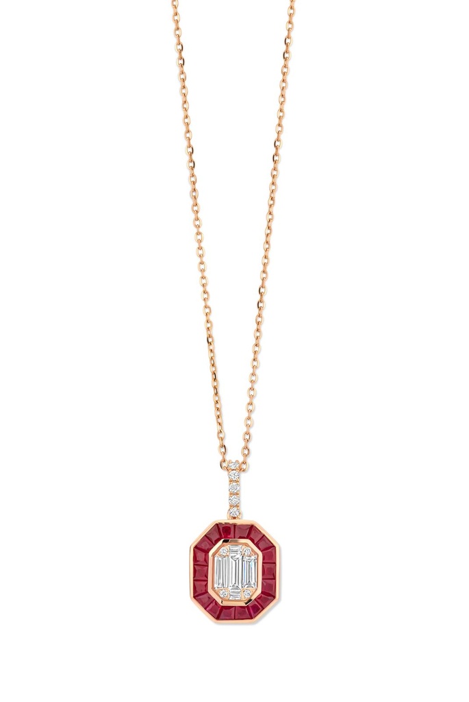 Pink gold pendant with diamonds and rubies