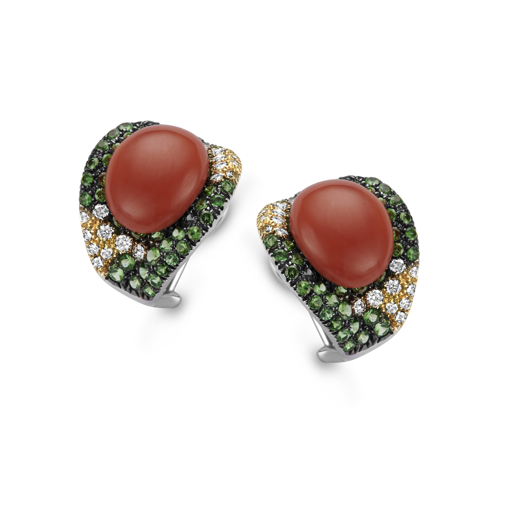Earrings with tsavotrite, cognac diamonds and coral