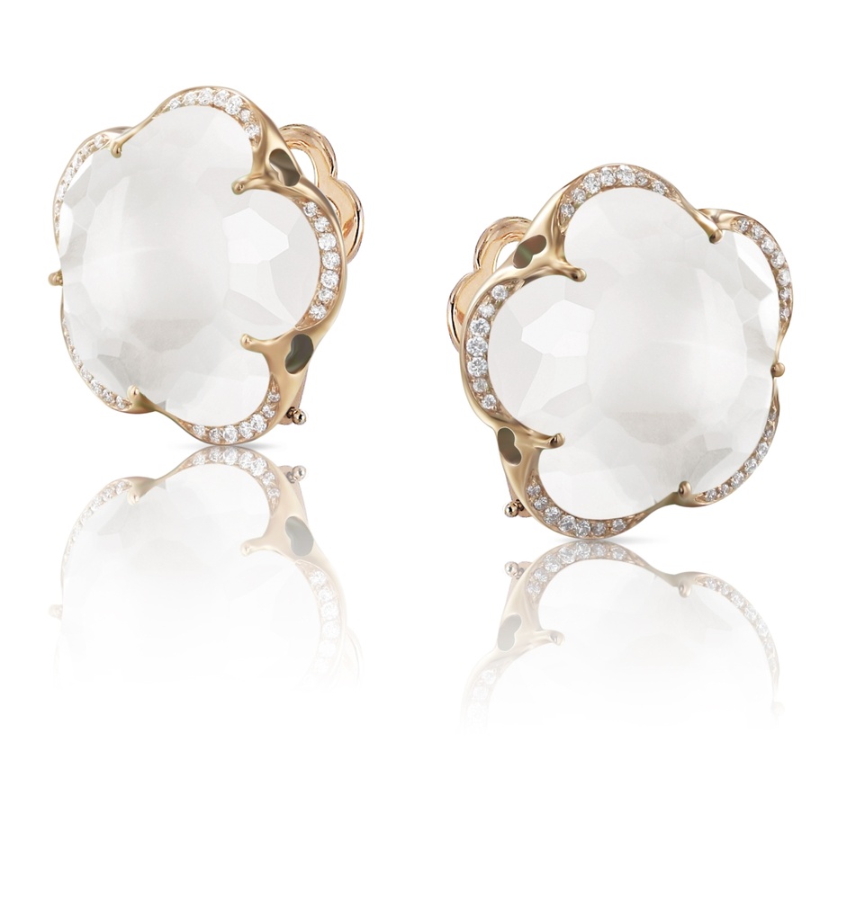 Bon Ton Stud Earrings in Pink Gold with Milky Quartz and Diamonds