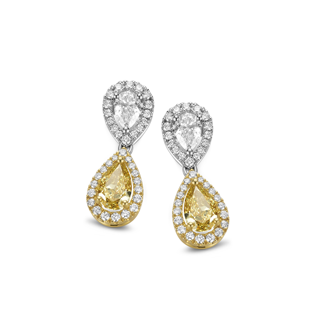Earrings white and yellow pearshape diamonds