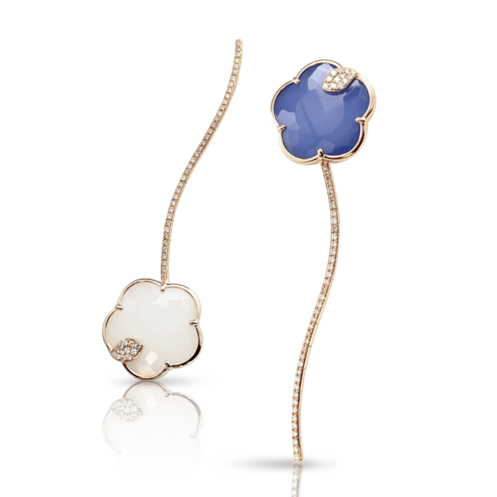 Joli Earrings in Pink Gold with Blue Moon (White Agate and Lapis Lazuli Doublet), White Agate and Mother of Pearl Doublet, White and Champagne Diamond