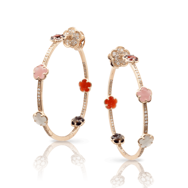 Figlia dei Fiori Hoop Earrings in Pink Gold with Pink Chalcedony, Red Garnet, Moonstone, Smoky Quartz, Carnelian, White and Champagne Diamond