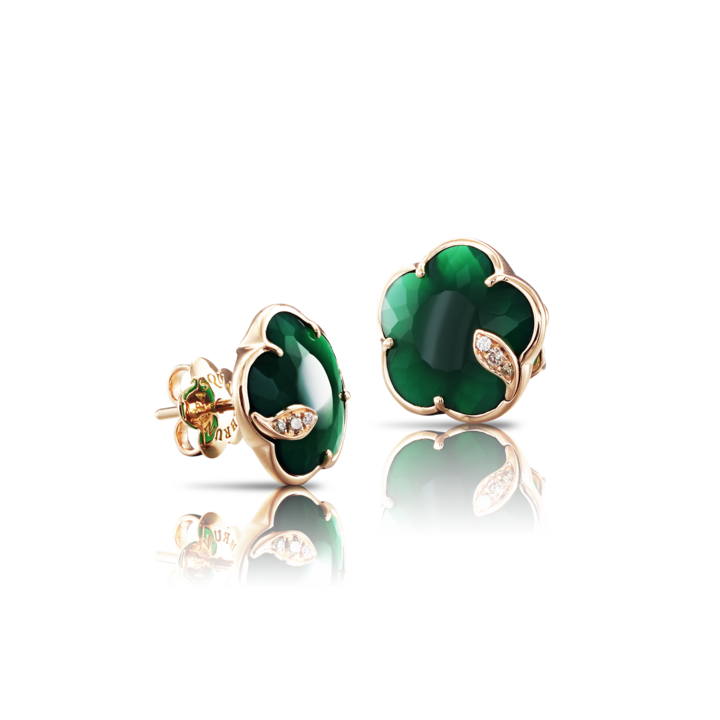 Petit Joli Stud Earrings in Pink Gold with Green Agate, White and Champagne Diamonds