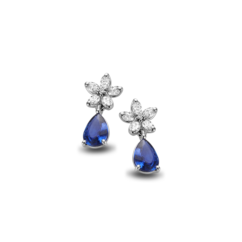Earrings white gold Flover in Diamonds with pearshape saphir
