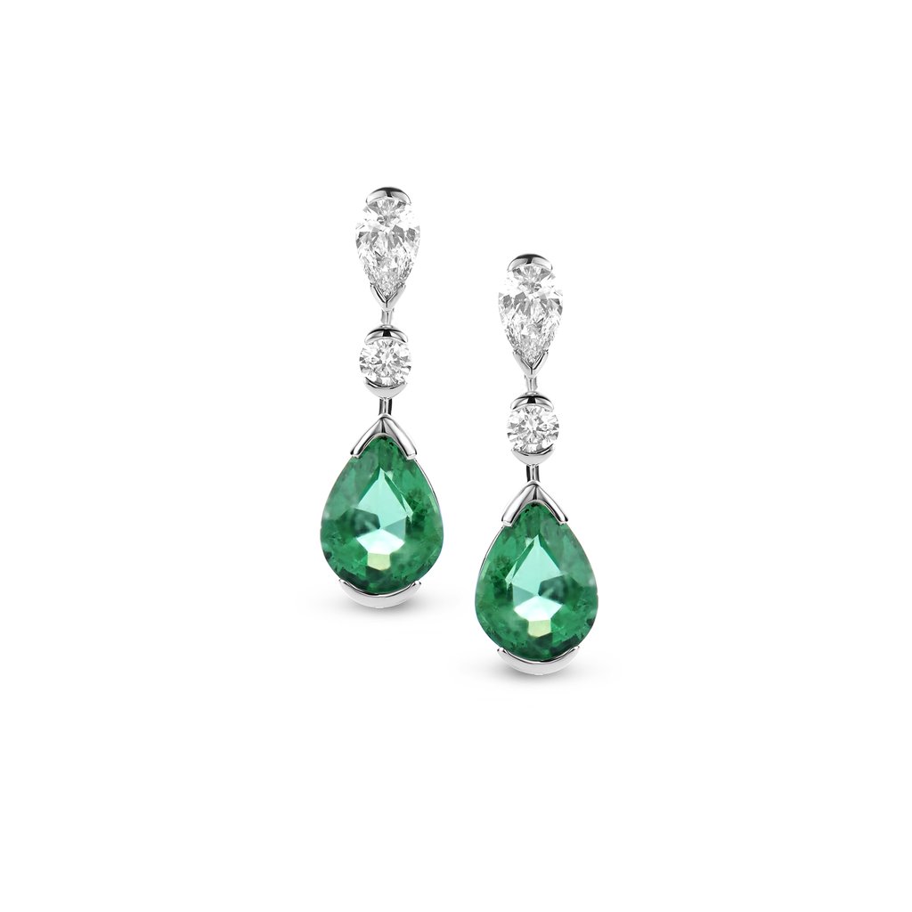 Earrings White Gold set with Diamond Pear shape and Emerald Pear shape