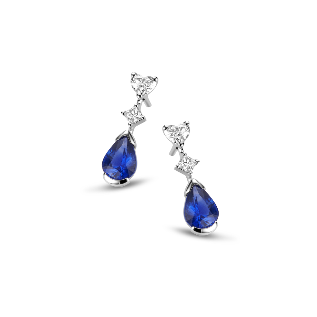 Earrings White Gold set with Heart Shape Diamond and Pear Shape Saphire