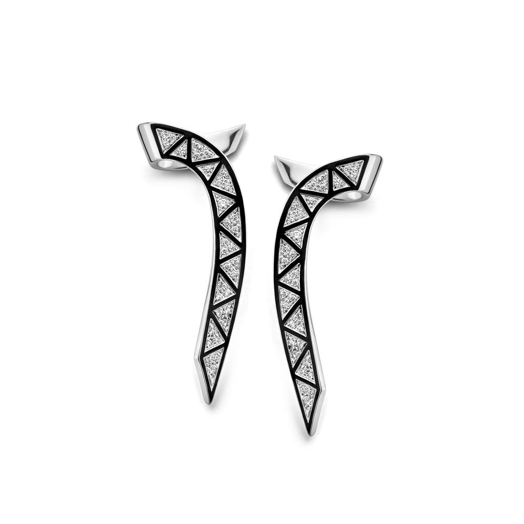 Lotus Cuff Earrings in White gold with Diamonds and Black Enamel