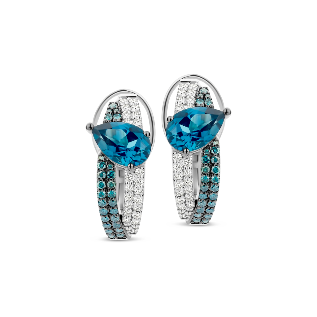 Earrings with Blue London Topaz and Diamond and Emerald Pavé