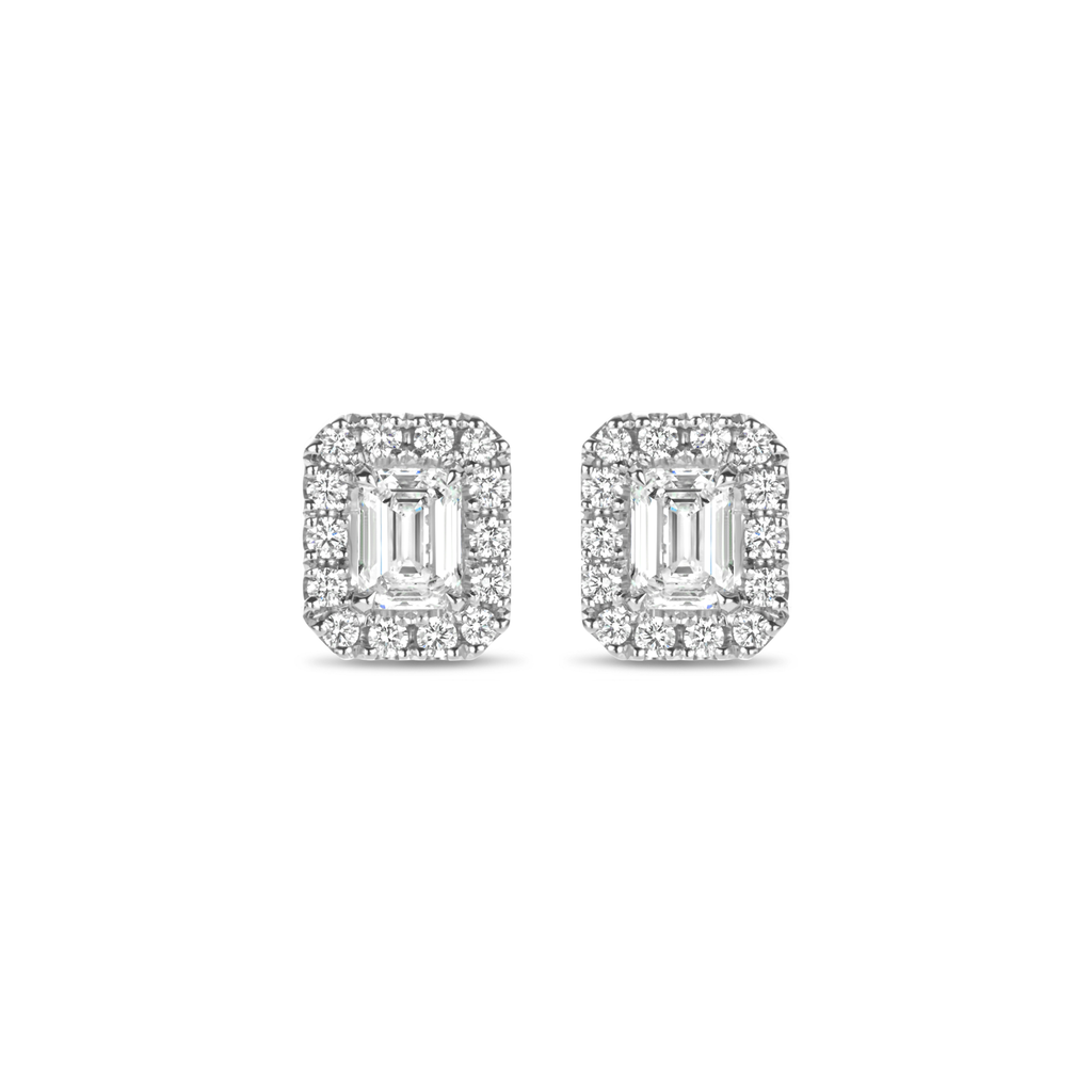 White gold studs with emerald shape and brilliant cut diamonds