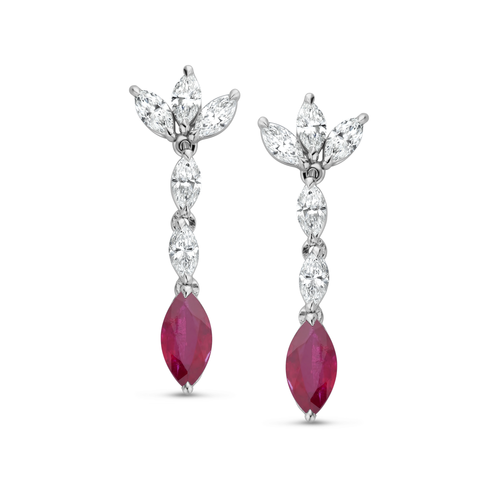 Dangling earrings with diamonds and ruby
