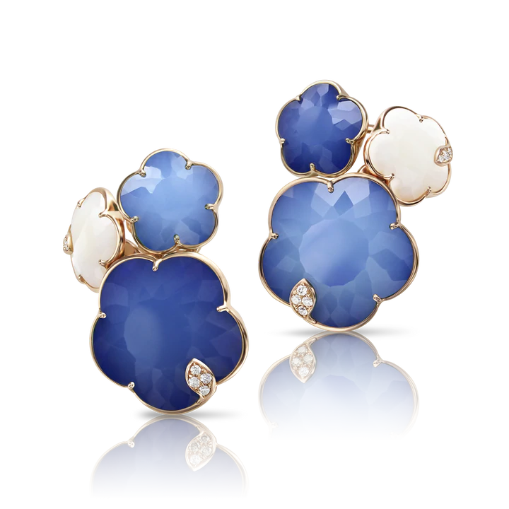 Ton Joli Bouquet Earrings in Pink Gold with Blue Moon (Lapis Lazuli and White Agate doublet), White Agate and White Diamonds