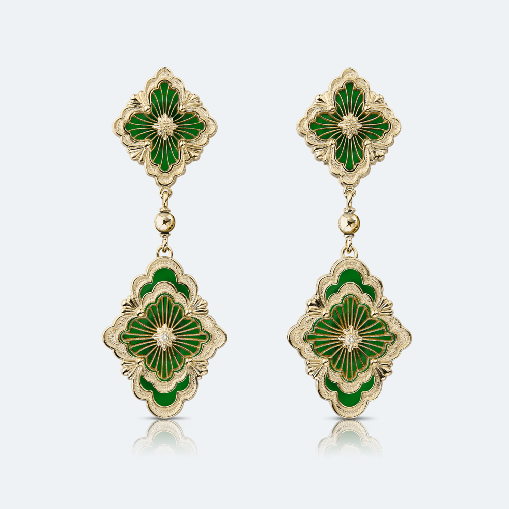 Earrings Opera Tulle in Yellow Gold with Green Enamel and Diamonds