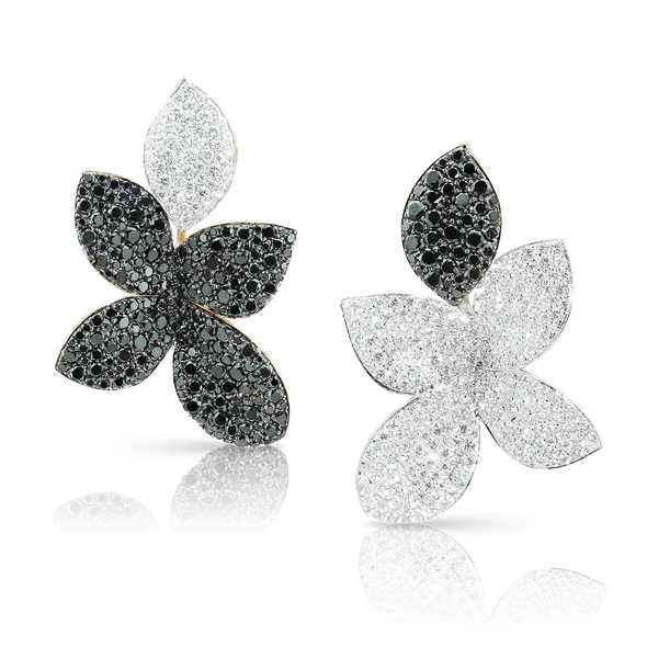 Giardini Segreti Five Leaves Earrings in White and Pink Gold with White and Black Diamonds