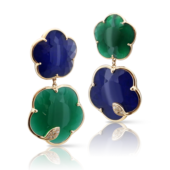 Ton Joli Earrings in 18k Rose Gold with Green Agate, Lapis Lazuli and Rock Crystal doublet, White and Champagne Diamonds