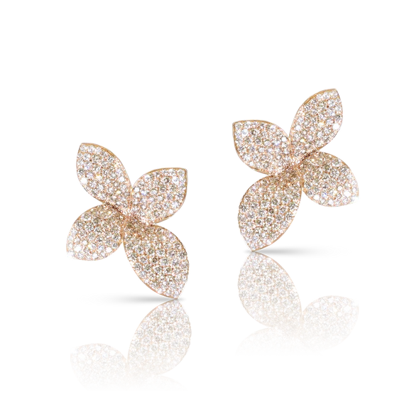 Giardini Segreti Small Flower Earrings in Pink Gold with White and Champagne Diamonds