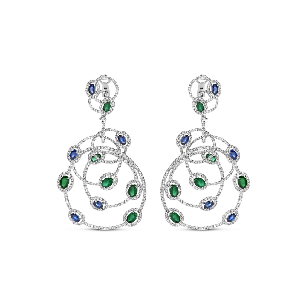 Whitegold dangling earrings with diamonds, sapphires and emeralds
