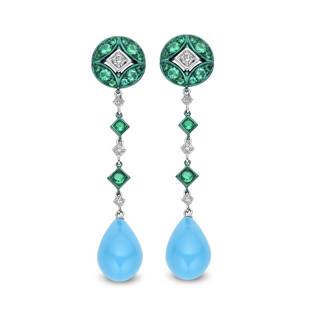 Whitegold earrings with diamonds, emeralds and turquoise