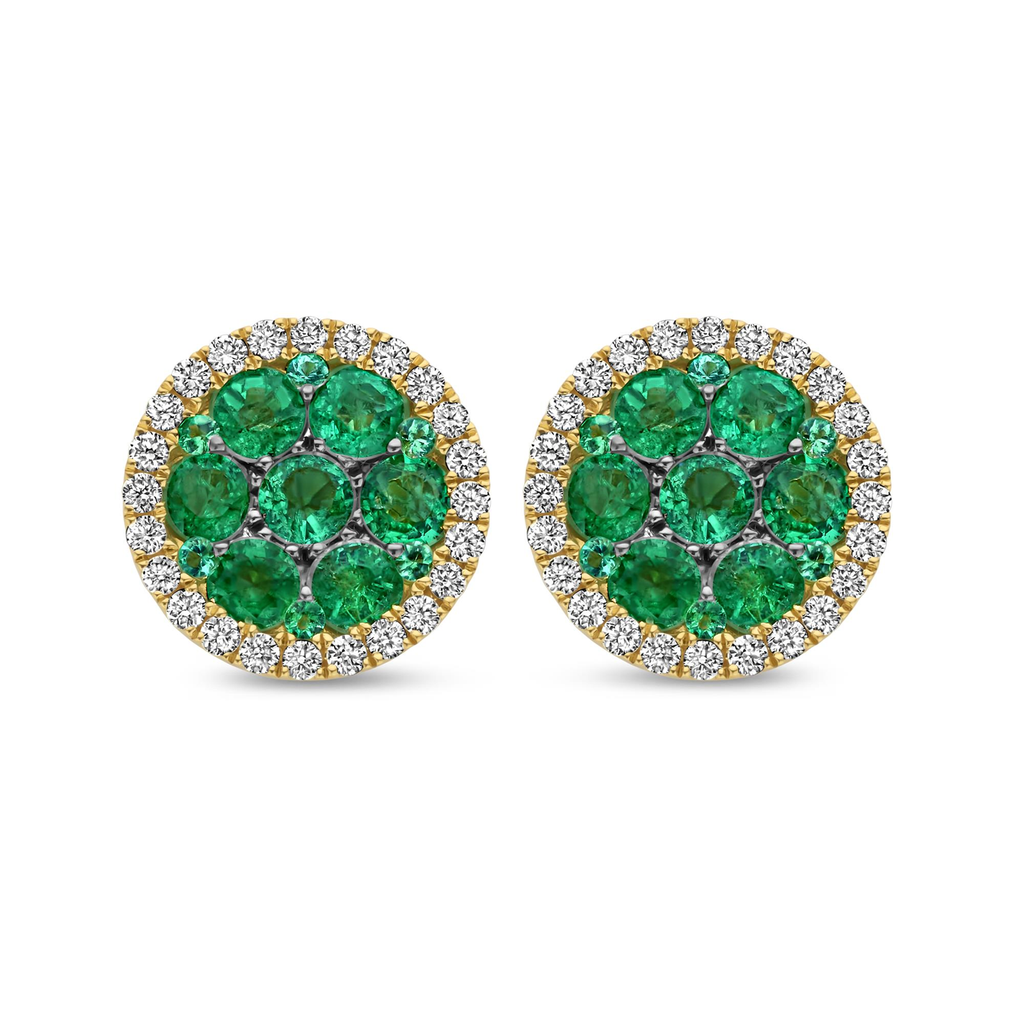 Yellow gold studs with diamonds and emeralds