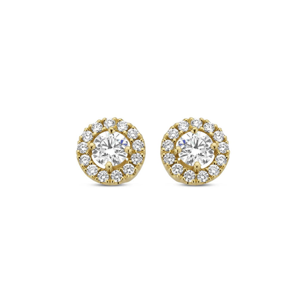 Yellow Gold and White Diamond Halo Stud Earrings