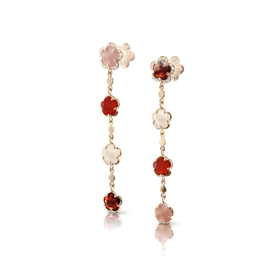 Earrings in Rose Gold with Moonstone, Pink Chalcedony, Carnelian, Red Garnet and White Diamonds