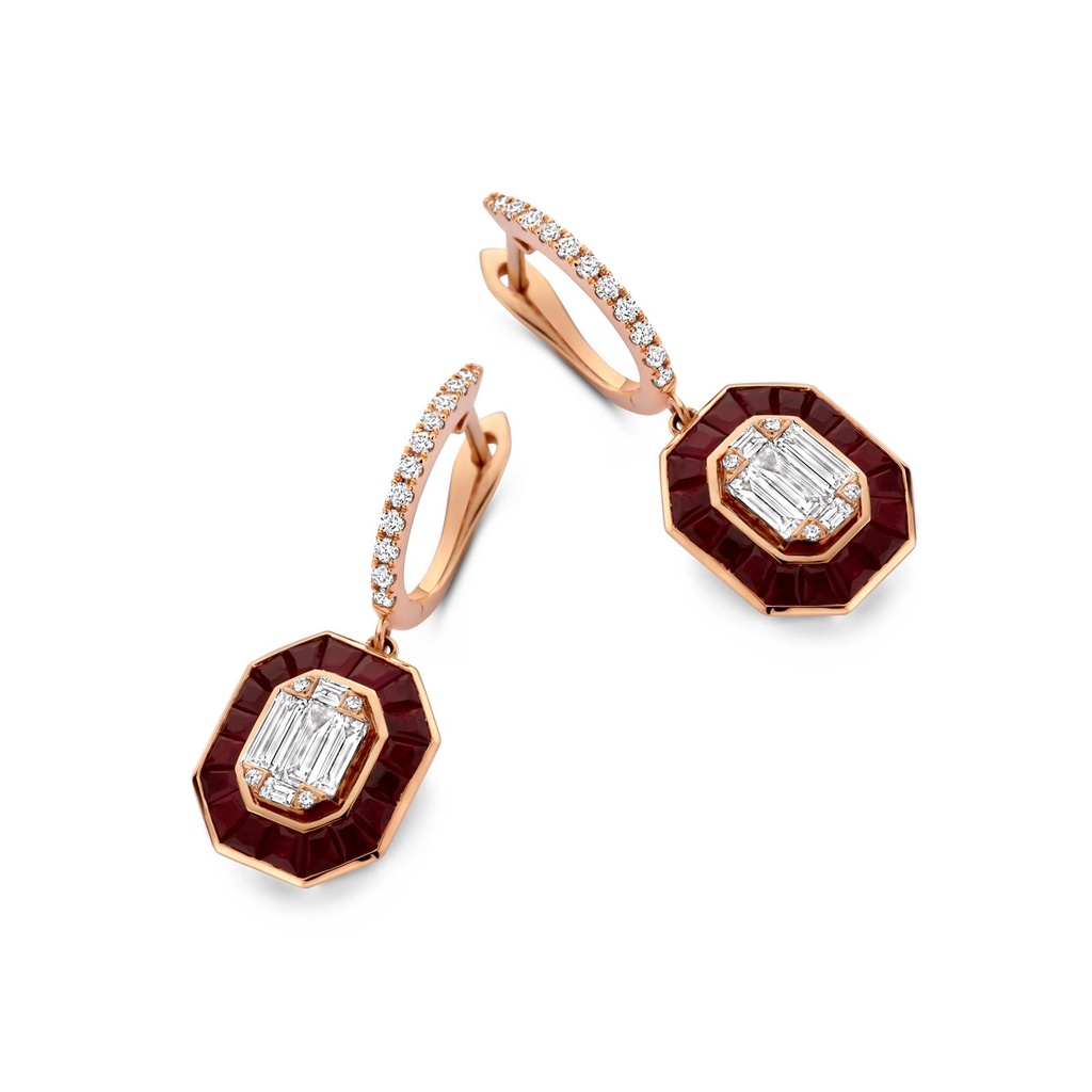 Pink gold earrings with diamonds and rubies
