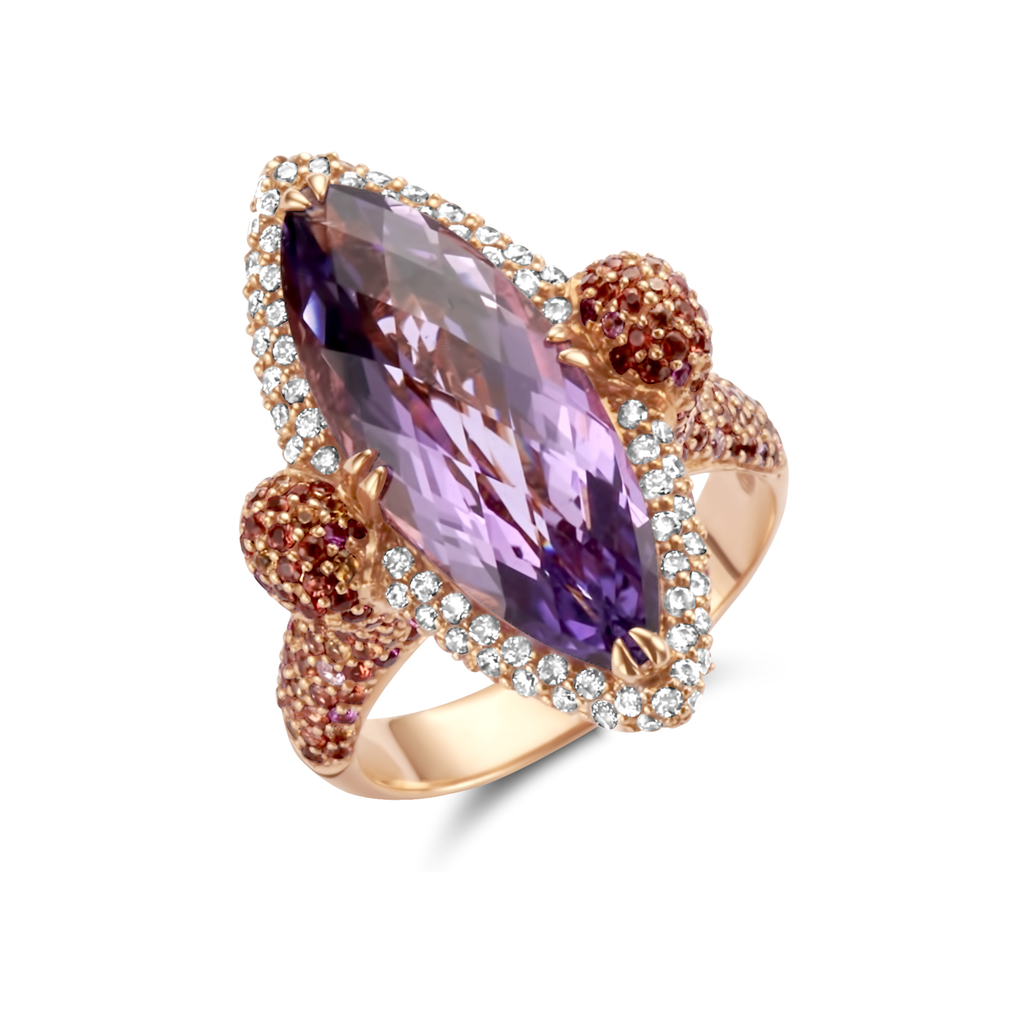 Ring Red Gold with Diamond, Sapphire and Rose de France