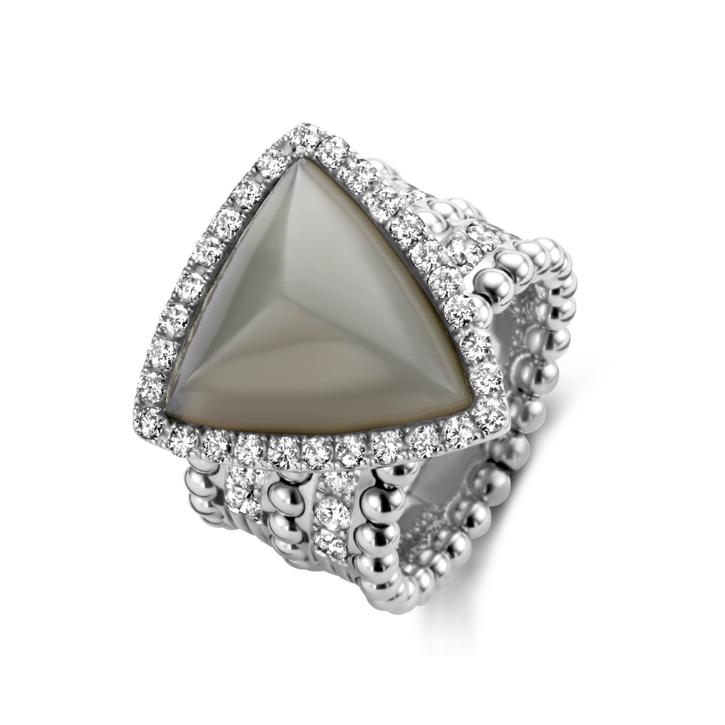 white gold ring with diamonds and grey moonstone