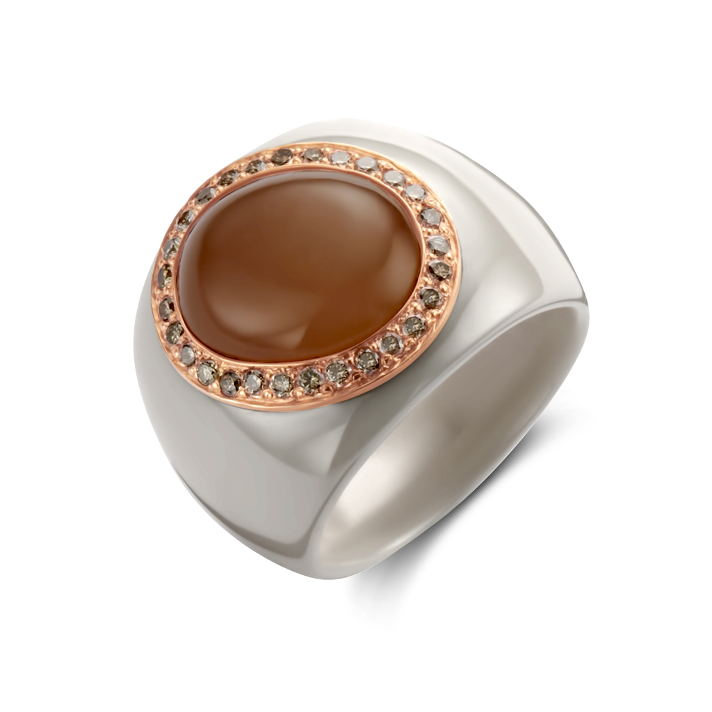 Witte ceramische ring met roze steen bruine diam.