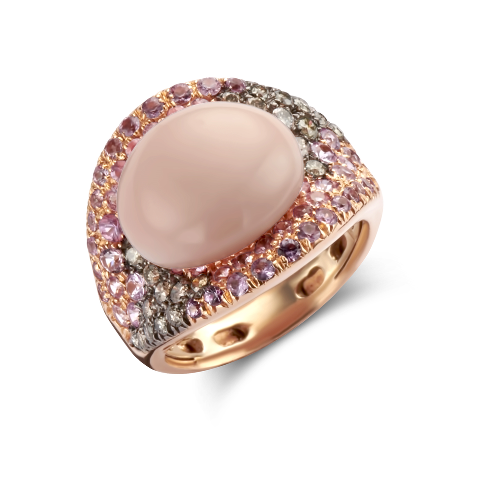 Ring with pink sapphires, brown diamonds and pink coral