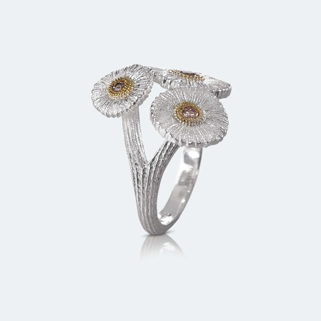 ring margherite 3 fiori silver with gold and diamonds