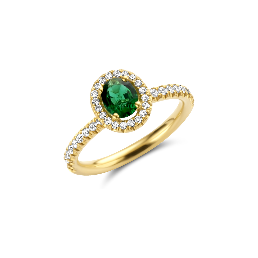 Ring oval emerald and yellow diamonds