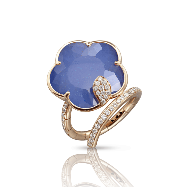 Joli Ring in Pink Gold with Blue Moon (White Agate and Lapis Lazuli Doublet), White and Champagne Diamonds