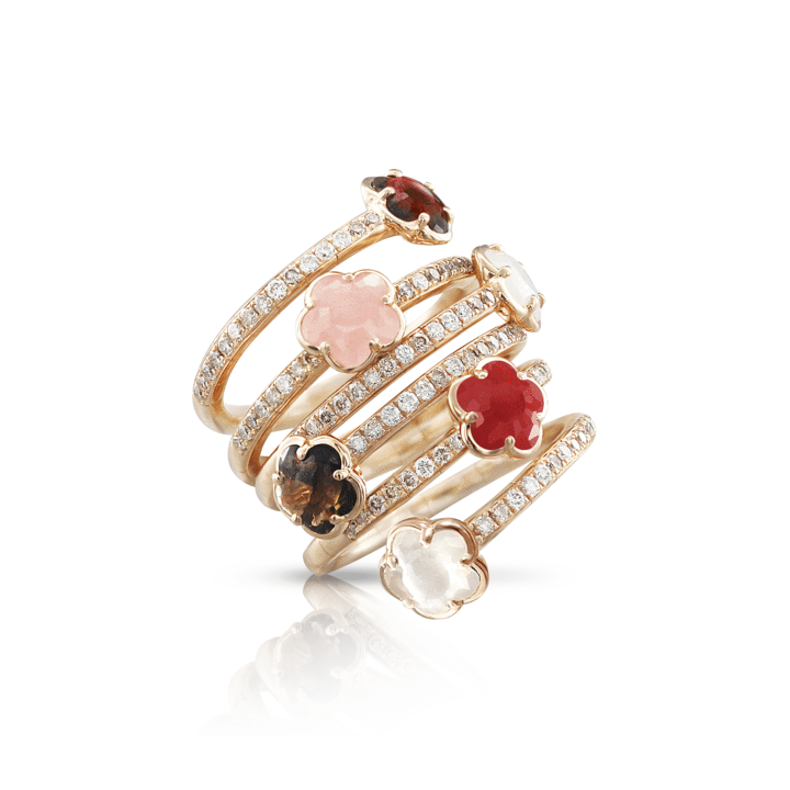 Figlia dei Fiori Six Flowers Twist Ring in Pink Gold with Pink Chalcedony, Red Garnet, Moonstone, Smoky Quartz, Carnelian, White and Champagne Diamond