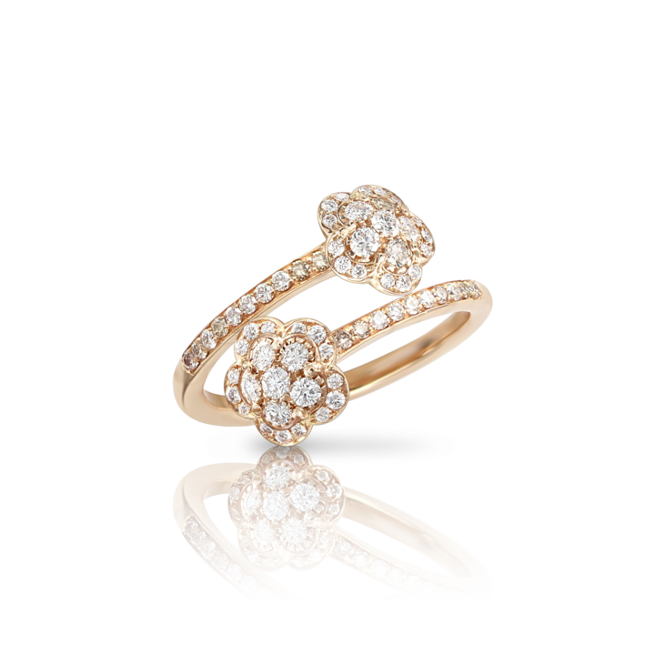 Figlia dei Fiori Two Flowers Contrarié Ring in 18k Rose Gold with White and Champagne Diamonds